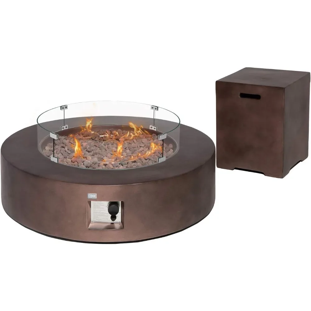 2-Piece Outdoor Propane Firepit Table Set , 40.5-inch Dark Fire Table 50,000 BTU ,Wind Guard and 16 inches Tank Side Table 20lb