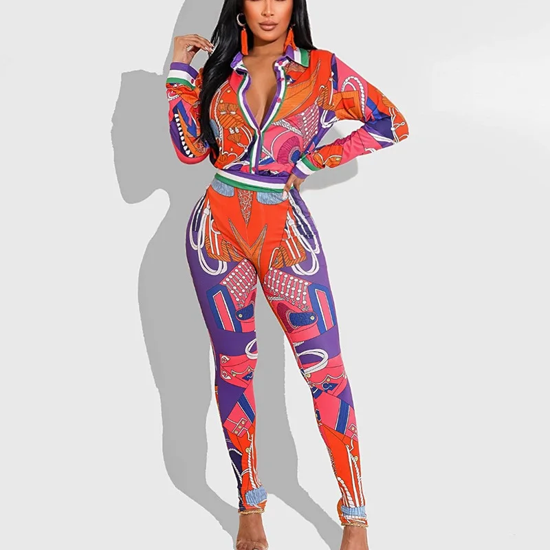 ZL1981 New 2022 Summer Women's Fashion Temperament Printed Long Sleeved Shirt Slim Fit Pants Set For Women