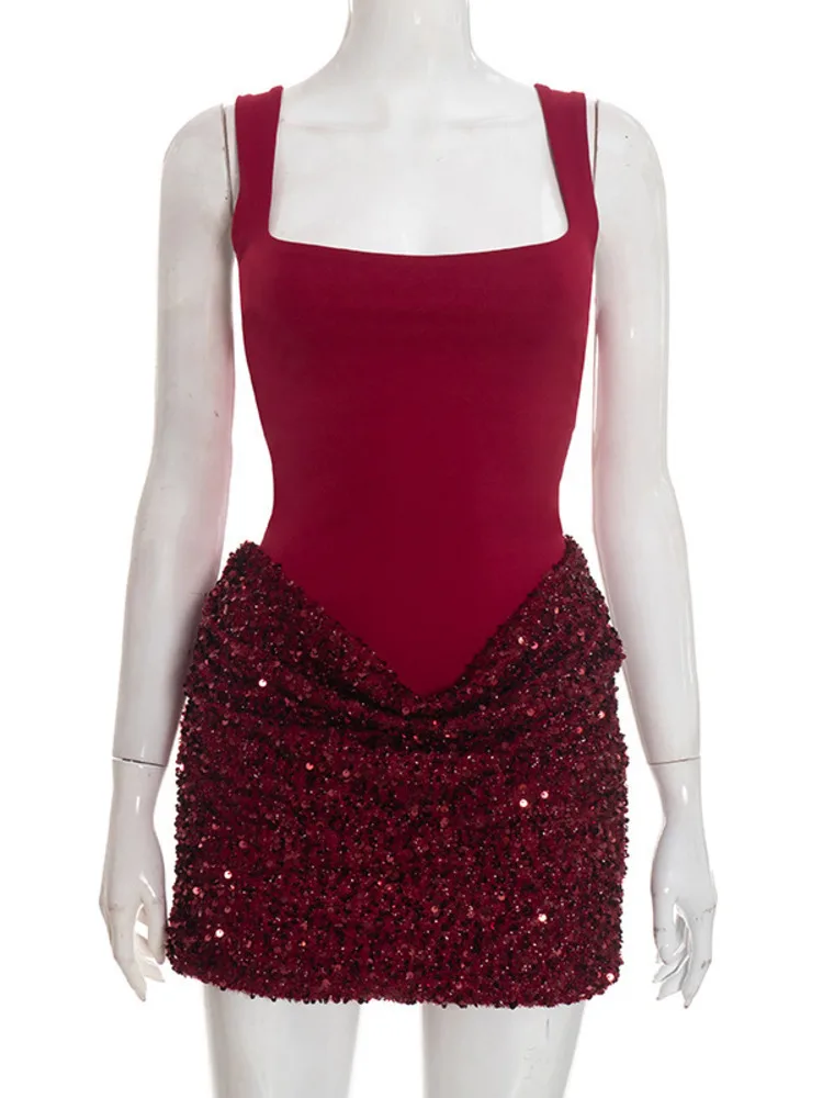 Blifanbo brilho ruched sexy mini vestido feminino elegante sem mangas sem costas gola quadrada alças cônicas clube vestido de festa