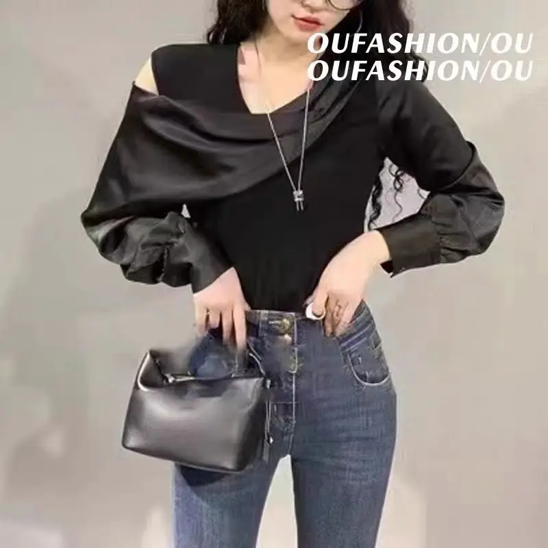 Queen Autumn Shirt Women Blouses Satin Vintage Work Casual Tops Chiffon Blouse Elegant Loose Women Off The Shoulder Shirts