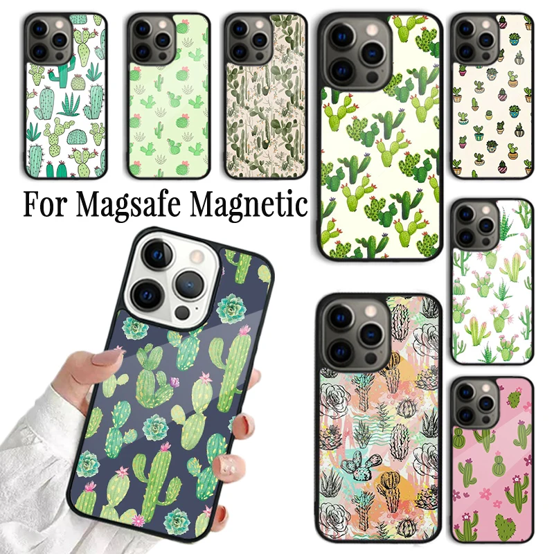 Coque Phone Case For iPhone 16 15 14 13 12 Mini 11 Pro Max Plus Magsafe Magnetic Wireless Charging Cover Plant Cactus