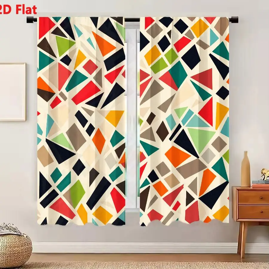 2Pcs Curtains 2D Flat Vibrant Geometric Pattern With Triangles And Quadrilaterals In Navy Blue Red Orange Lime Green Teal Brown