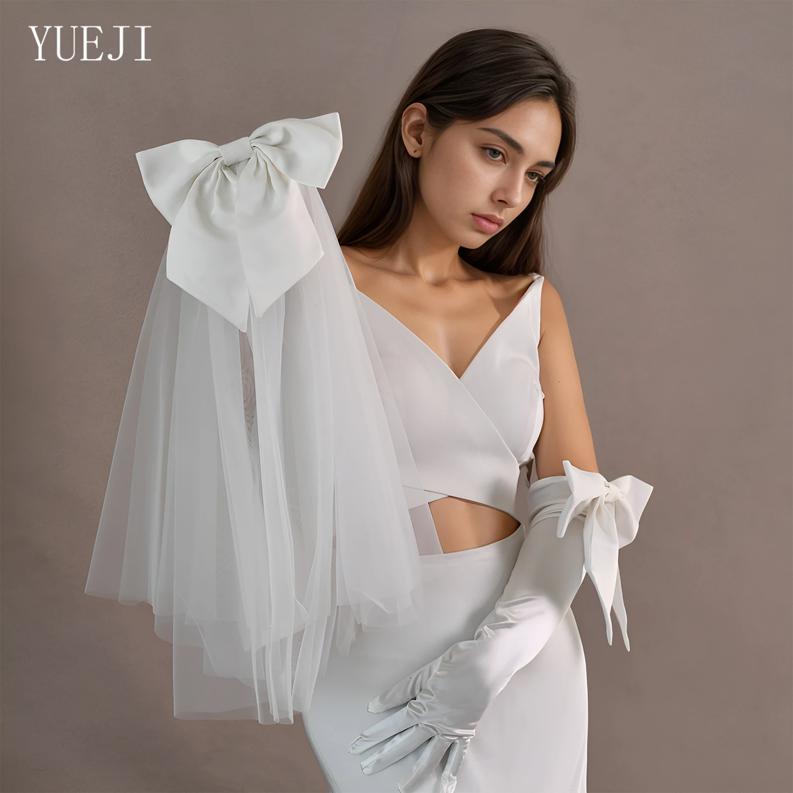 YUEJI Double Transparent Bridal Veil Short Satin Bow Design Affordable Simple Style Bridal Shoulder Length Combed Veil V247