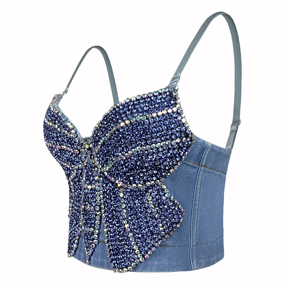 Handmade Bead  Backless Fishbone Bra Top Denim Underwear New Luxury Style Summer One-Piece Pure Color Unisex