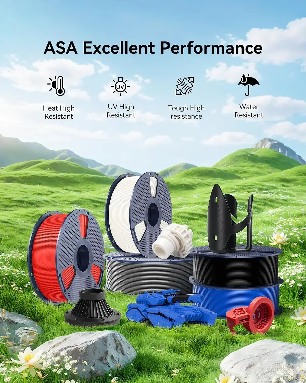 4kg ASA 3D Printer Filament Bundle, UV/Rain/Heat Resistant Tough 3D Printer Filament, Great for Printing Outdoor Functional Mech