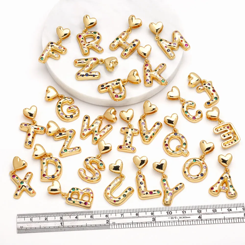 OCESRIO Multicolor Crystal Heart Letters Pendant for Necklaces Copper Gold Plated Initial Name Jewelry Making Supplies pdtb621