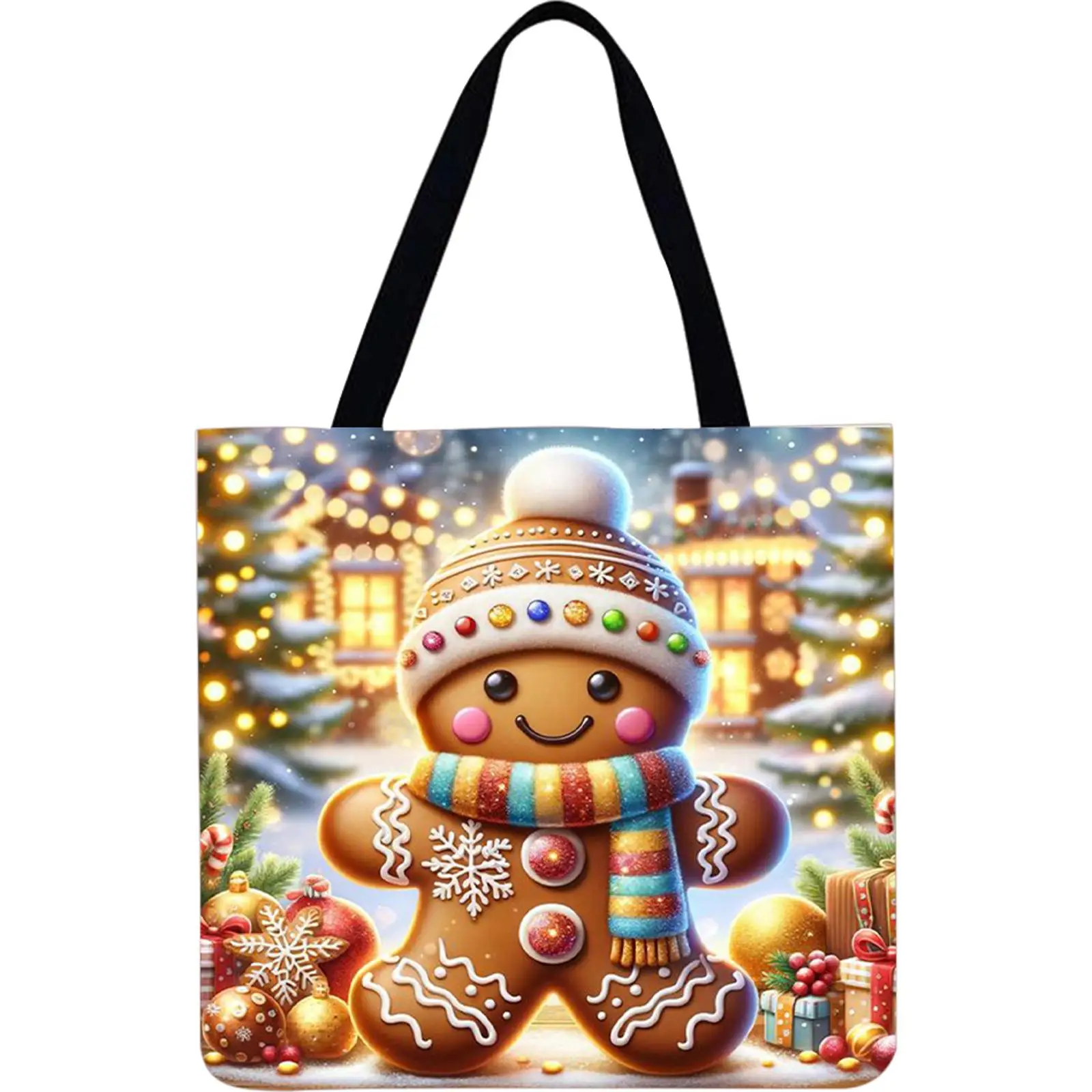 4 قطع عيد الميلاد الكتان حمل حقيبة يد سعة كبيرة المرأة حقيبة كتف للتسوق #4