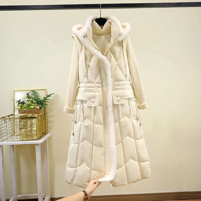 

Thiened down Cotton Vest Women's Mid-Length Over-Knee ex Detachable Cap Vest Coat for Autumn Winter Commuting Sle