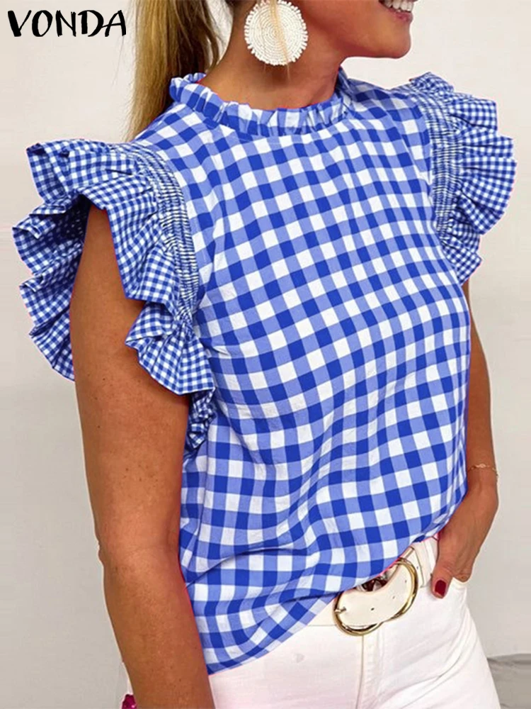 VONDA Women Plaid Blouse 2025 Summer Short Sleeve Tops Vintage Patchwork Ruffled Casual Shirts Loose Elegant Streetwear Blusas