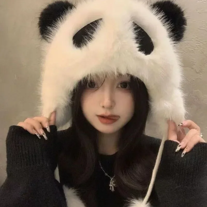 

2024 New Women's Cute Children's Adult Panda Ear Hat Winter Thick Plush Hat Fashion Solid Color Warm Scarf Hat