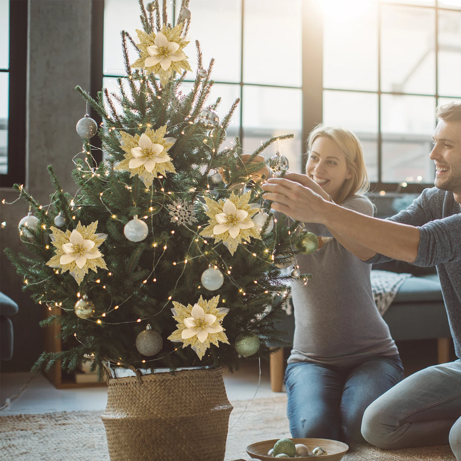 

6pcs Christmas Simulation Flower Decor For Xmas Tree Door Window Wedding Artificial Flowers Diy Party Holiday Decoration