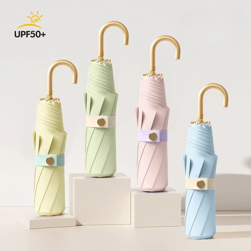 Colored Glue Sunshade Umbrella Women 8-Bone Manual Lightweight Sunscreen Sun Parasol Curved Hook High Value Fold Rain Umbrellas