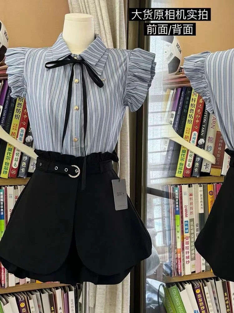 Summer Women Preppy 2000s Aesthetic Korean Cute Core Outfits 2 Piece Set Striped Sleeveless Shirts + High Waist Skirts Culottes