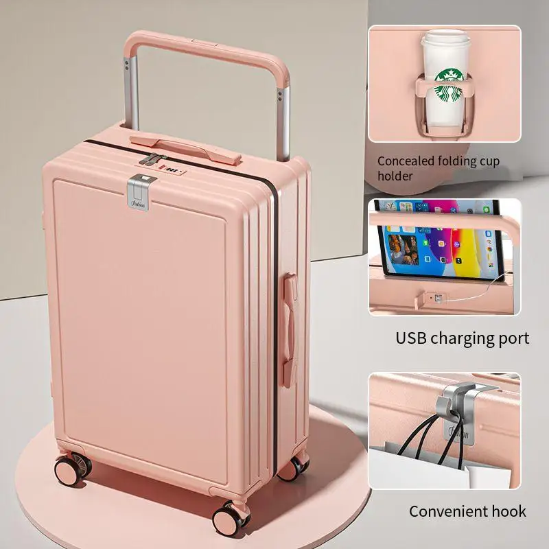 2023 New Wide Luggage Case Fashion Suitcase with Cup Holder 20-Inch Multifunctional Suitcase Password Box USB Charging Port.