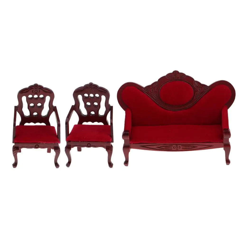 Wooden Sofa Armchair 3pcs/set for Dollhouse Bedroom Living Room Furniture Miniatures, Red