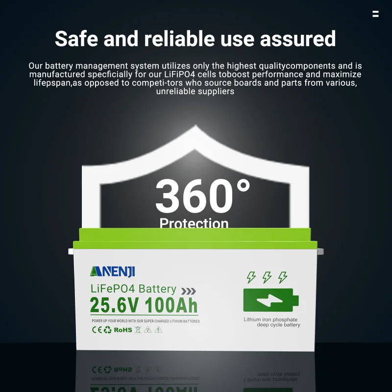 ANENJI 24V 12V 100Ah LiFePO4 Solar Battery Lithium Battery Pack Built-in BMS Grade A Cells 6000+ Cycle For Home Energy Storage