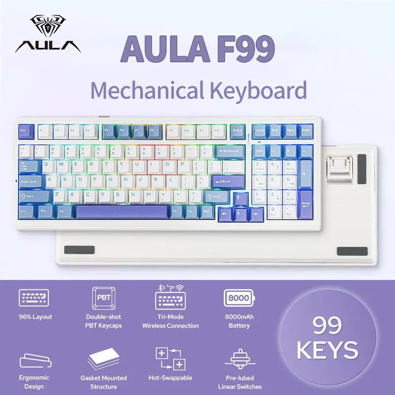 AULA F99 Customized Mechanical Keyboard Wireless BT5.0 Wired 3 Mode W/ Hot Swappable PBT Gasket 8000mah Backlight Game Keyboards