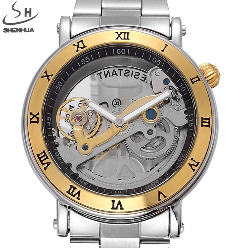 

SHENHUA Transparent Automatic Mechanical Watches Men Stainless Steel Strap Vintage Skeleton Watch Luminous Male Clock