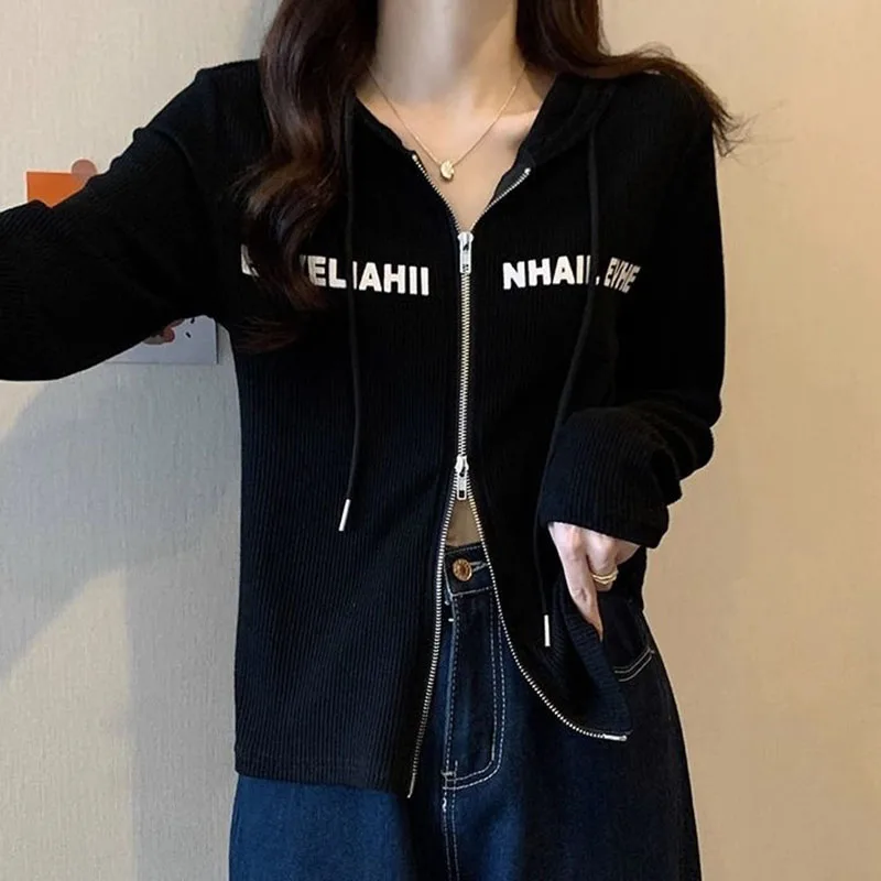 

Fashion Hooded Spliced Lace Up Letter Zipper Shirt Female Clothing 2023 Autumn Winter New Oversized Casual Tops All-match Blouse