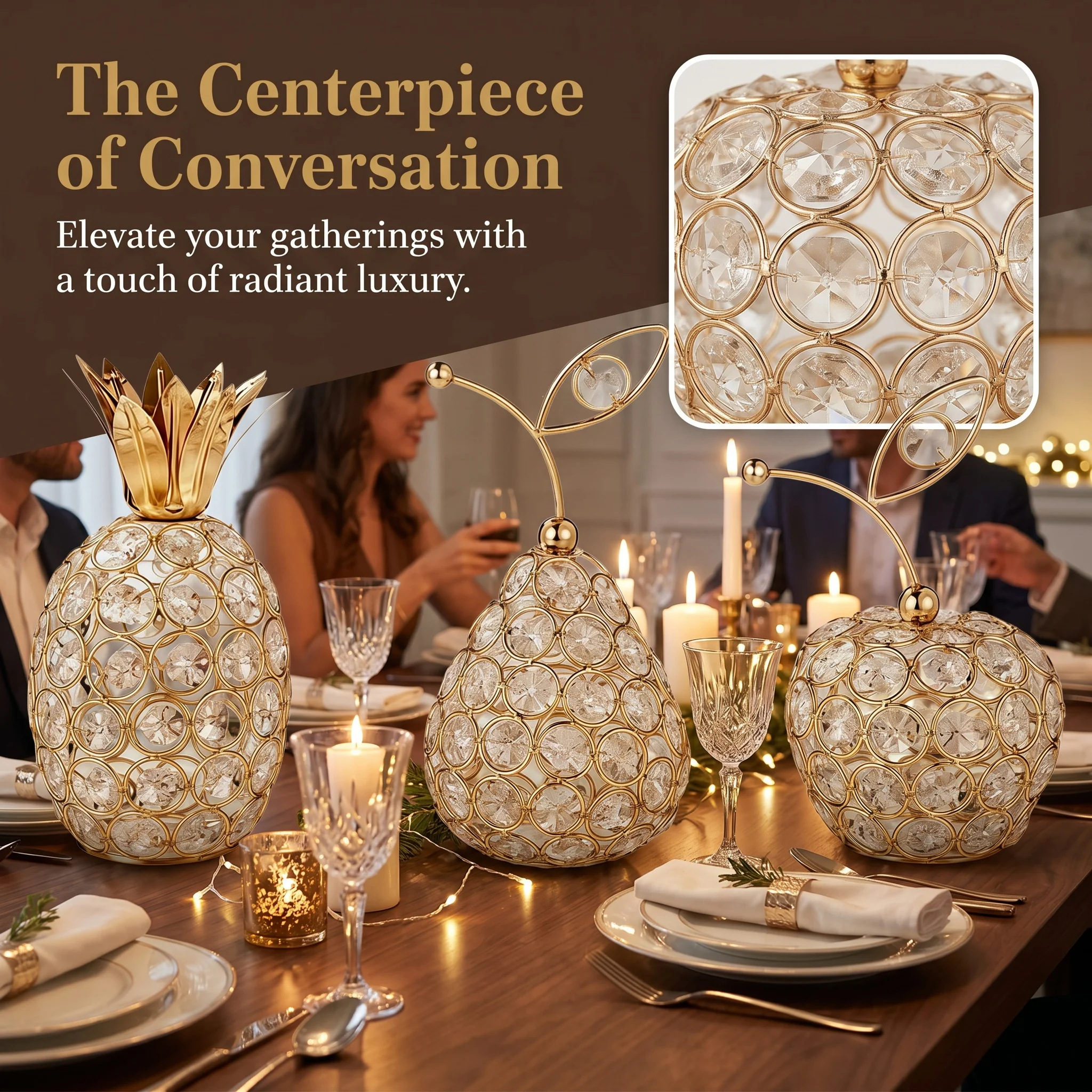 Golden Fruit Shaped Crystal Candle Holder Apple Pear Pineapple Sculpted Taper Candle Stand for Mantel Ornament & Holiday Gift