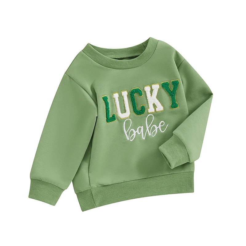 

Toddler Baby Irish Festival Sweatshirt Fuzzy Letter Embroidery Long Sleeve Round Neck Pullover Loose Tops