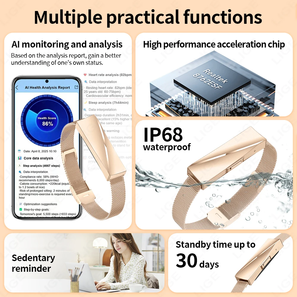 LIGE لا شاشة ساعة ذكية امرأة الرياضة اللياقة البدنية مراقب معدل ضربات القلب سوار 1ATM مقاوم للماء ساعة ذكية جديدة لأزياء أندريو IOS