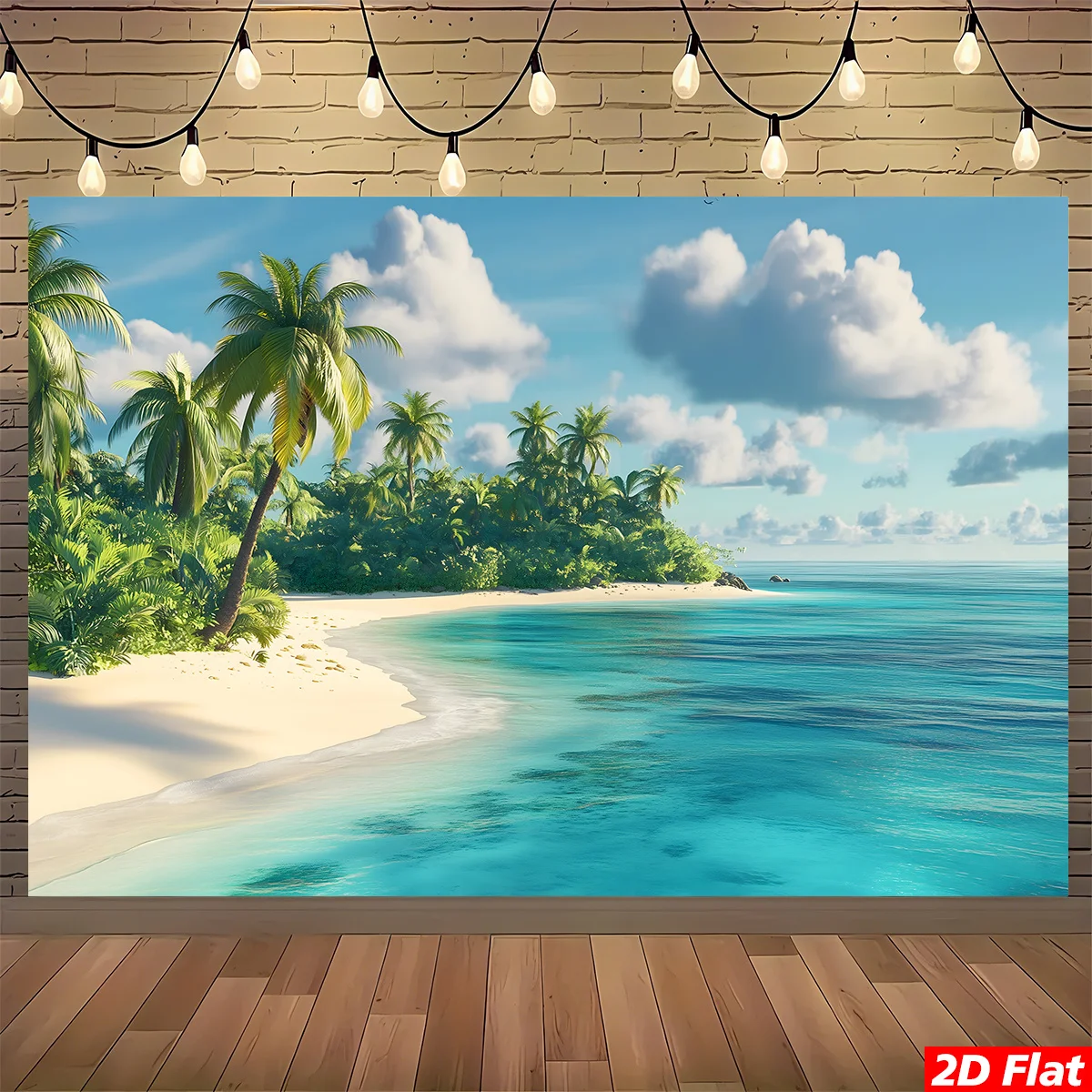 2D Flat, Vibrant Turquoise Blue & Turquoise Green Tropical Beach Tapestry Wall Hanging - HD Palm Tree Island Print Turquoise Oce