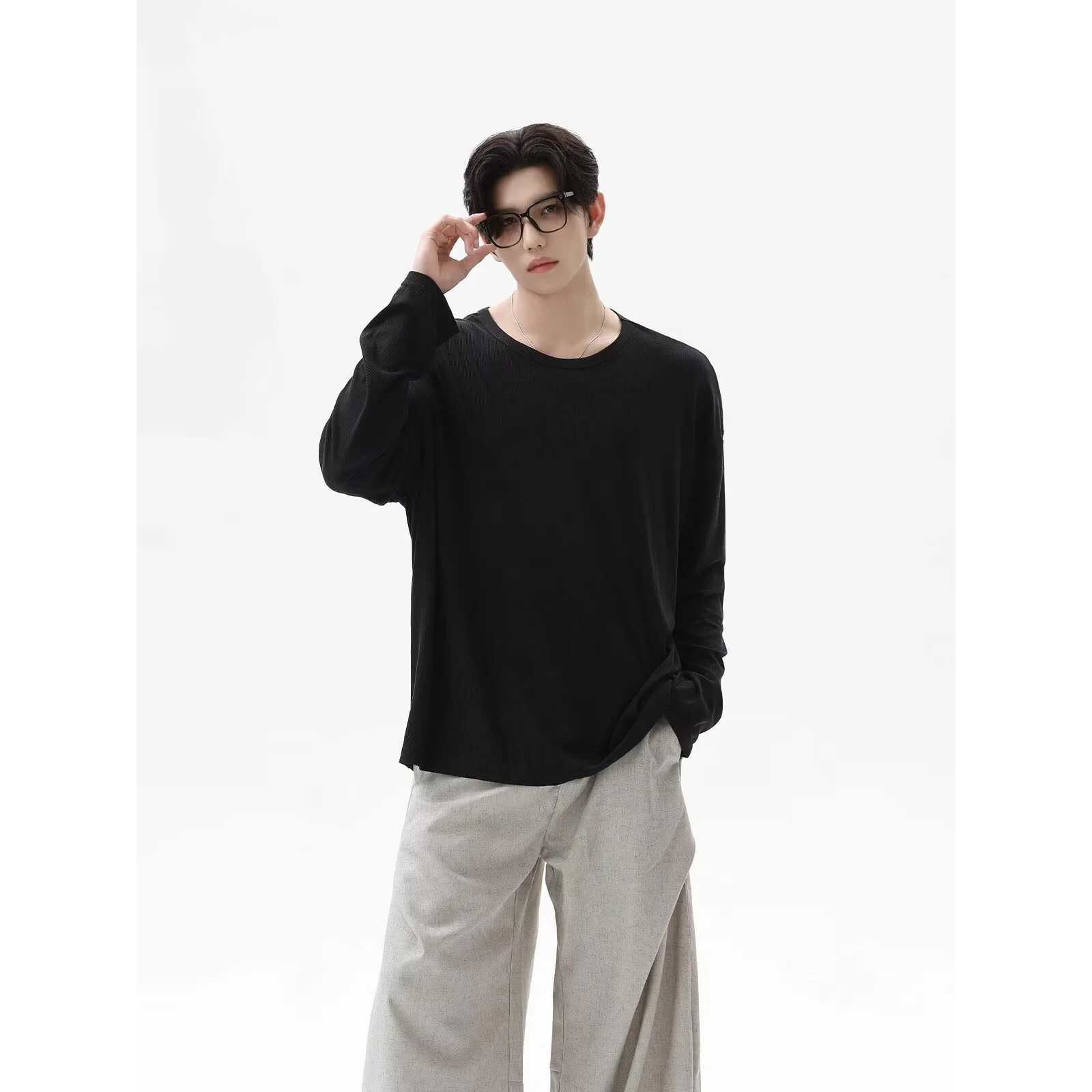 Autumn New Texture Long Sleeve T Shirt Loose Crew Neck Top Soft Skin Friendly Basic Tee Comfortable