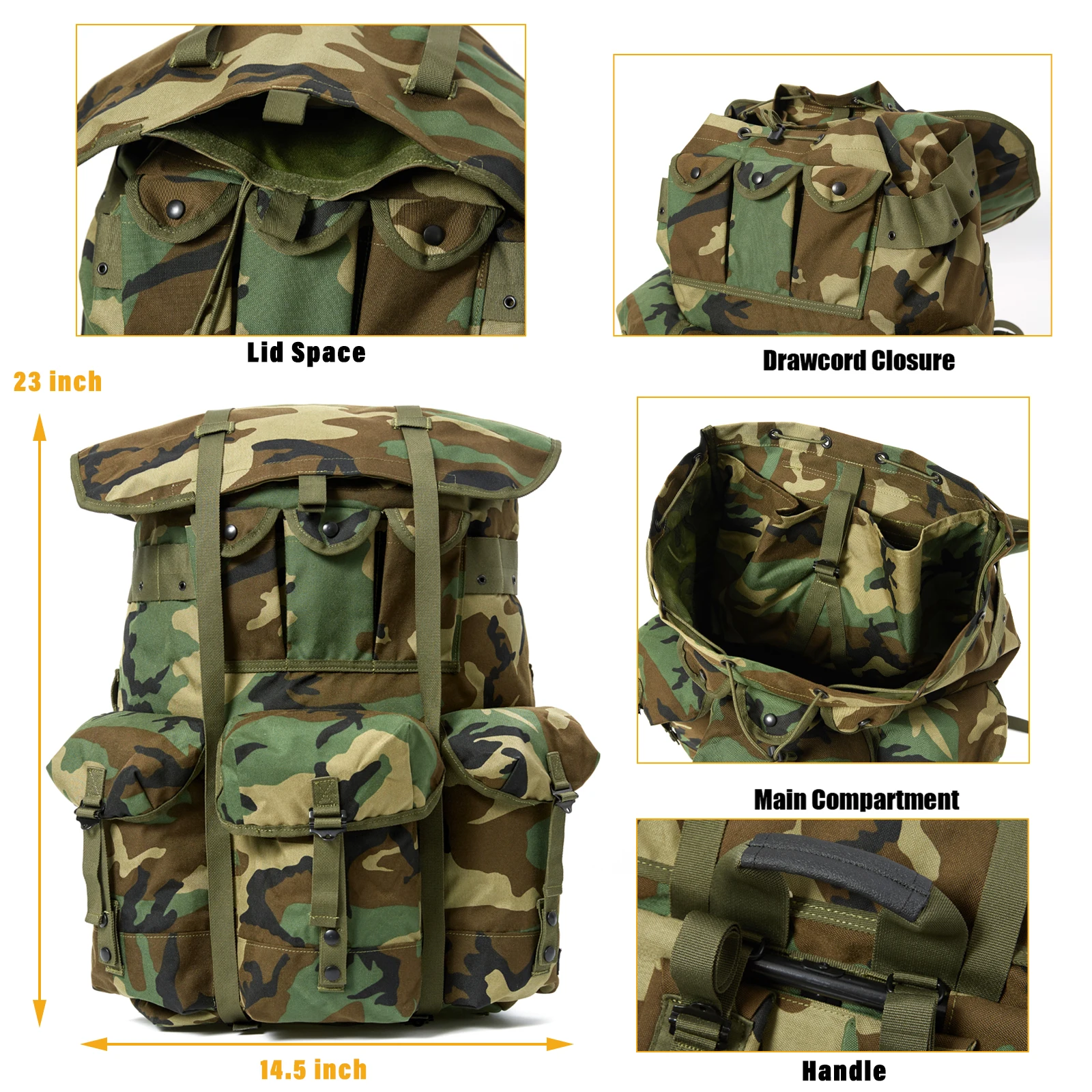 MT Military Alice Large Pack Army Survival Combat ALICE Rucksack Tactical Assault Backpack with Frame Woodland Flecktarn Camo