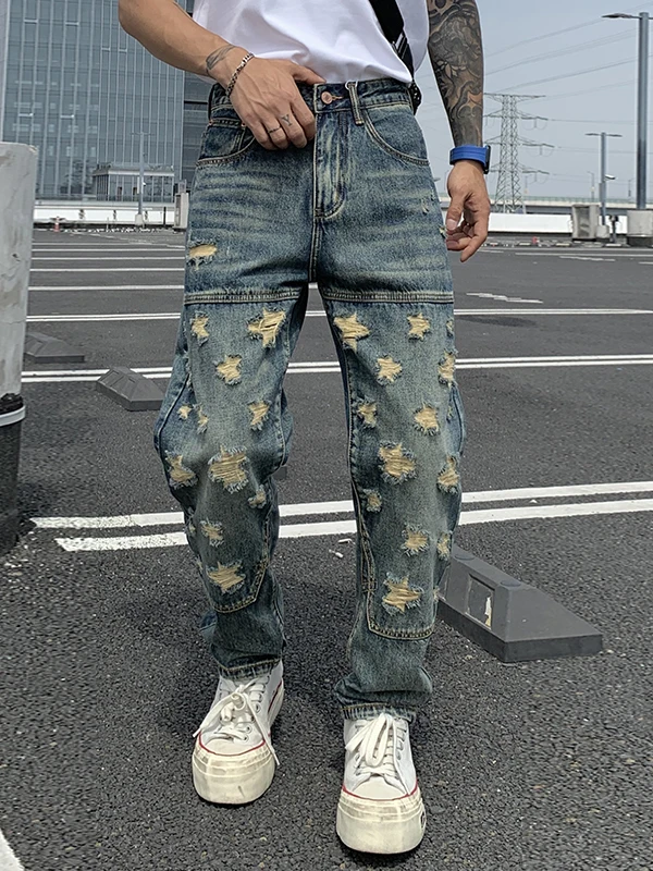 

American High Street Retro Patchwork Denim Jeans Men's Trendy Loose Straight Leg Wide Leg Casual Long Pants
