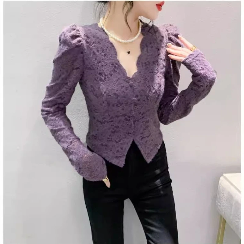 Luxqlo V-neck Purple Lace Long-sleeved Blouse Women\'s Korean Version of Fashionable Simple Casual Shirt Slimming Top