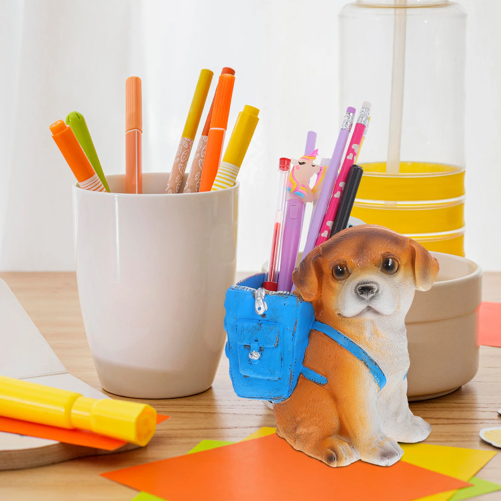 樹脂製のかわいい犬型ペン立て、デスクトップ鉛筆オーガナイザーカップ、オフィスデスク文房具ホルダー、ペンカップ、鉛筆オーガナイザーデスク
