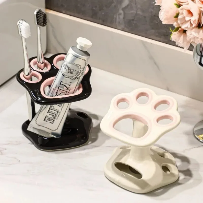 Cat Paw Shape Ceramic Toothbrush Holder Cute No Punching Toothbrush Holder Base Makeup Brush Storage Bathroom Accessories Tool