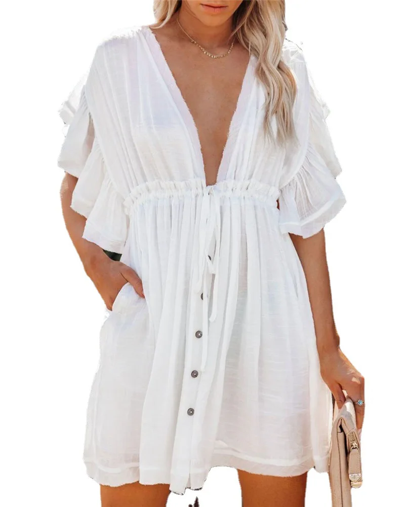 Хлопковая туника с V-образным вырезом, Расклешенным рукавом и оборками