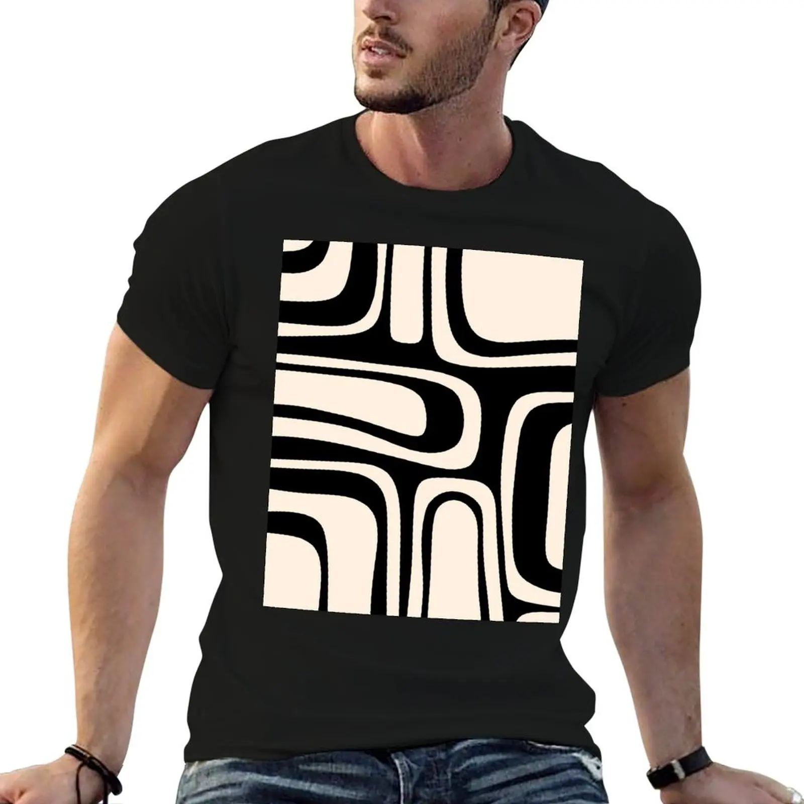 Palm Springs Retro Midcentury Modern Abstract Pattern Black and Almond Cream T-Shirt vintage graphic tee t shirts for men pack