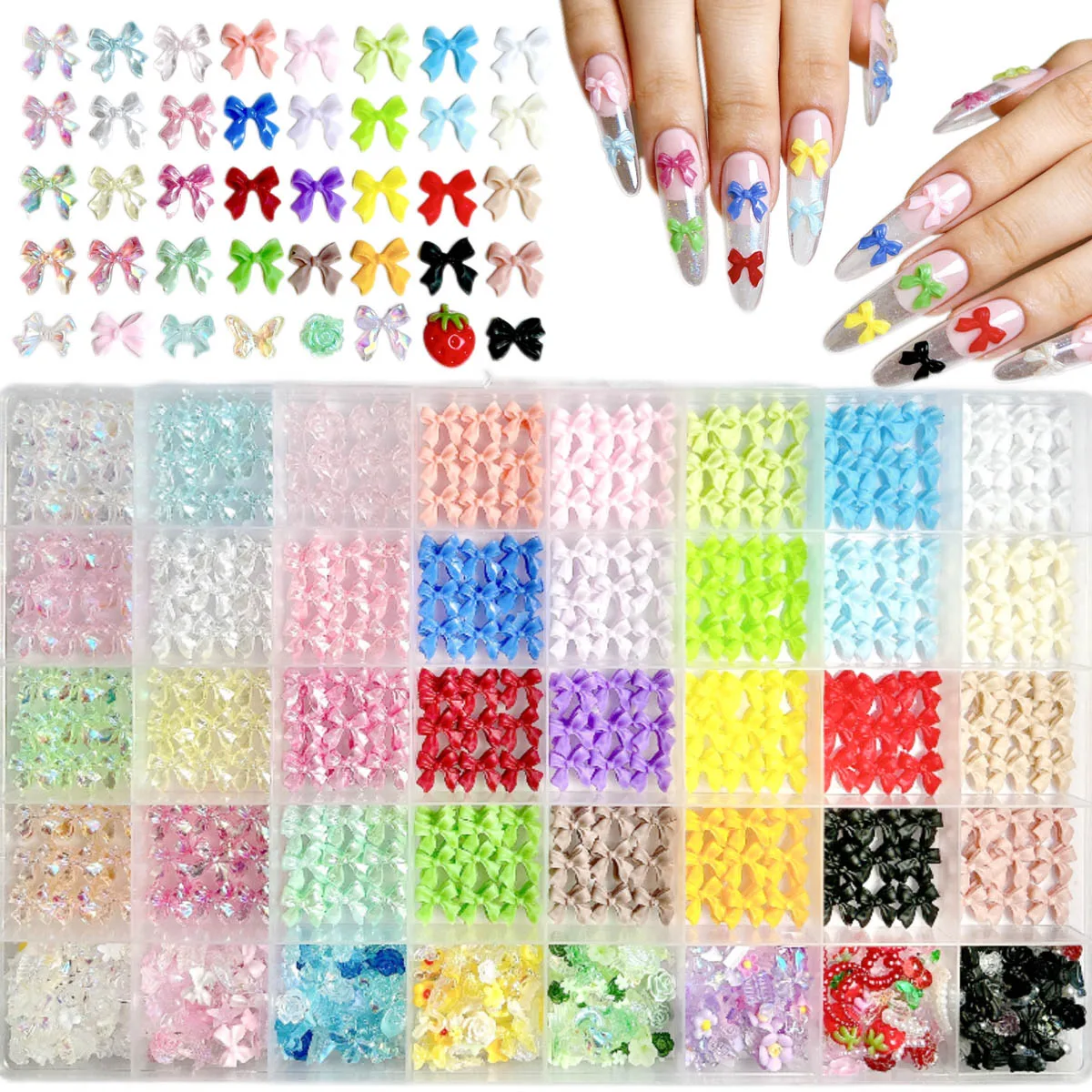 1Box 3D Macaron Colored Bowknots Resin Nail Art Charms 40 Colors Minimalist Sweet Flowers Butterfly Moon Nail Decorations DIY