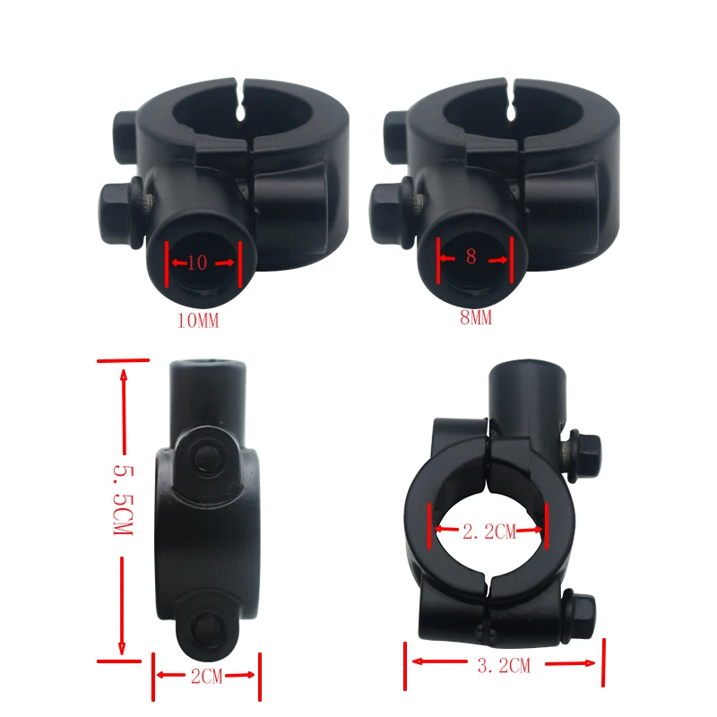 2pcs 22mm Handlebar 10mm 8mm Thread Universal Motorcycle Mirror Mount Clamp Rear View Mirror Holder Adapter Black Clamp Base