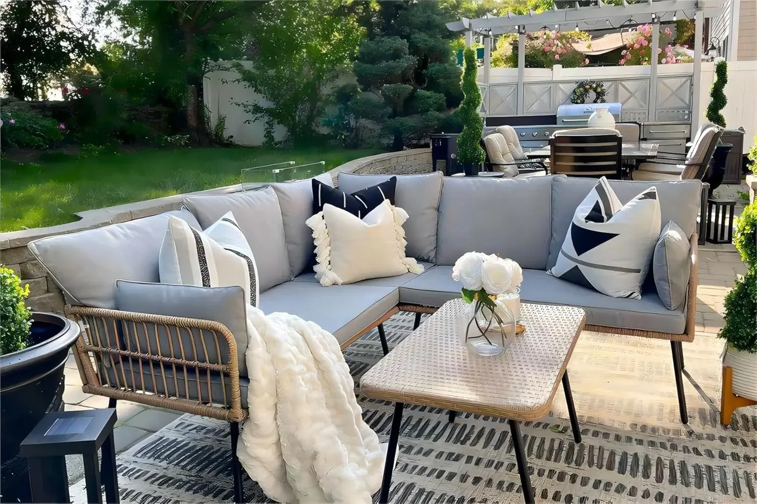 4 Pieces Patio Furniture Set, Outdoor Wicker Conversation Sectional L-Shaped Sofa with 5 Seater for Backyard, Porch