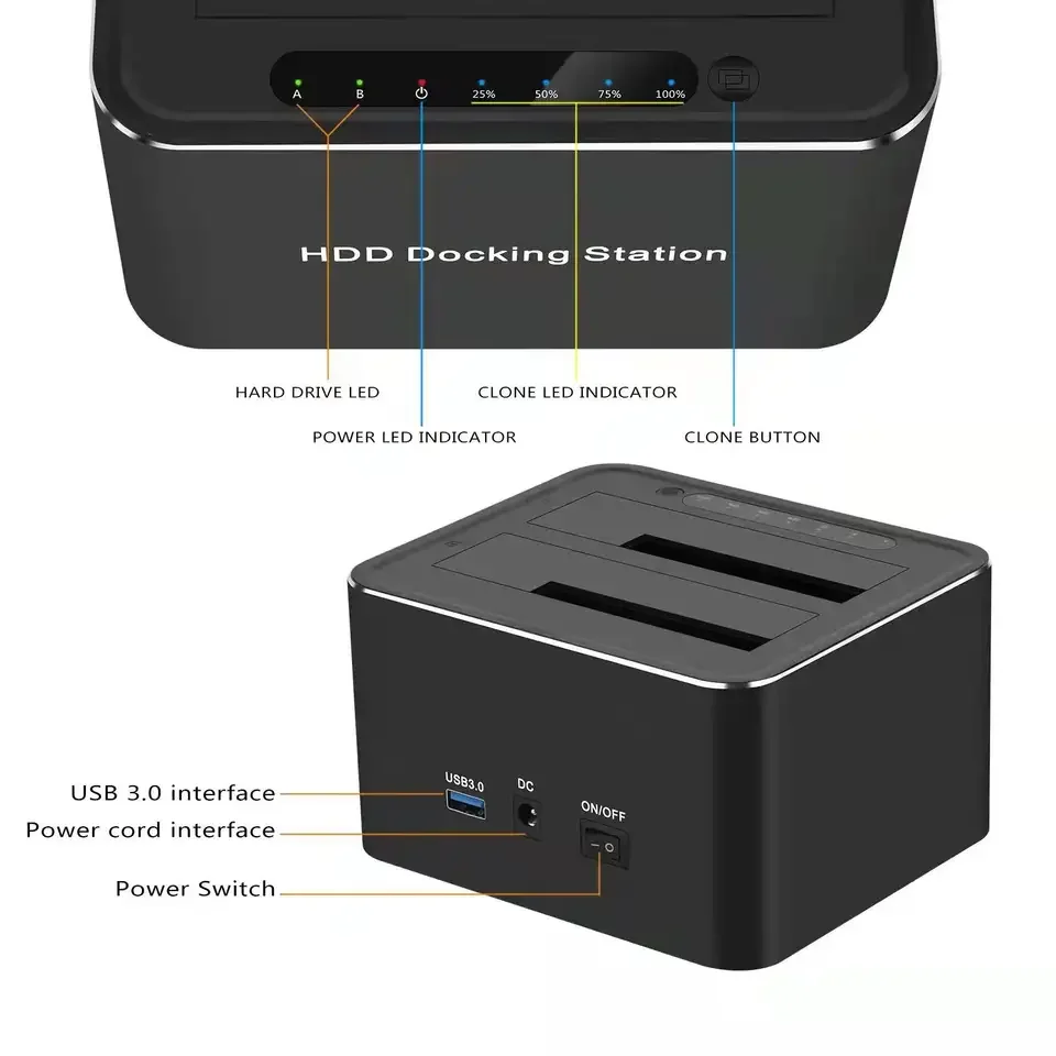 USB 3.0-듀얼 SATA 하드 드라이브 도킹 스테이션, 2.5/3.5 인치 HDD SSD 클론