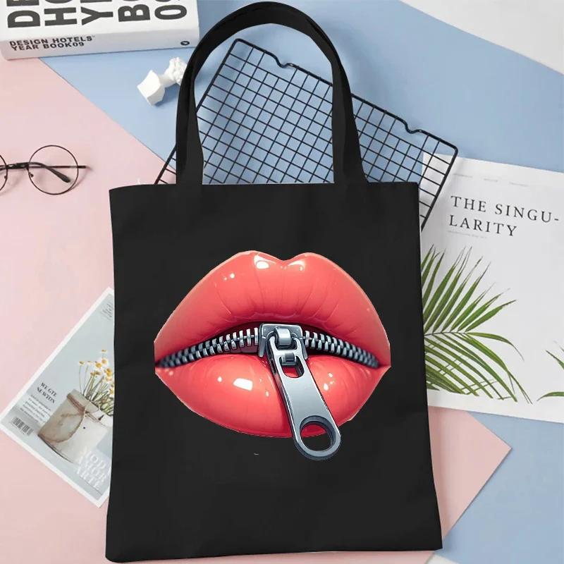 Fashion Canvas Tote Bag Red Lips and Diamond Print Lady Shoulder Shopping Bag Lips Style Fashion Casual Women Tote Handbag