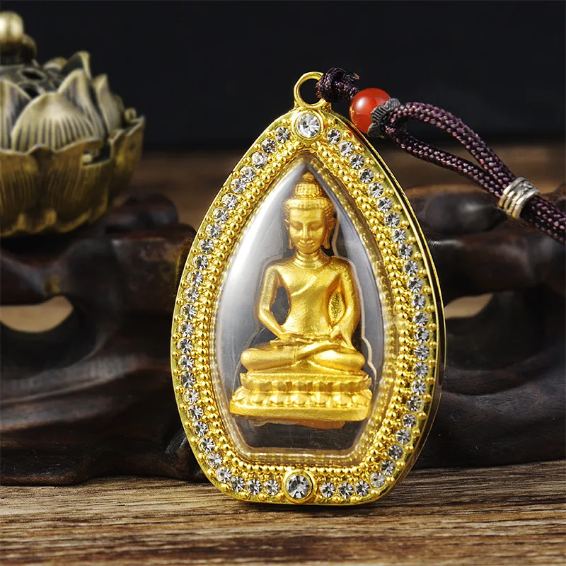 Thai amulet pendant plated with real gold and diamonds, fox statue, four-sided Buddha, pharmacist Buddha, patron saint pendant.