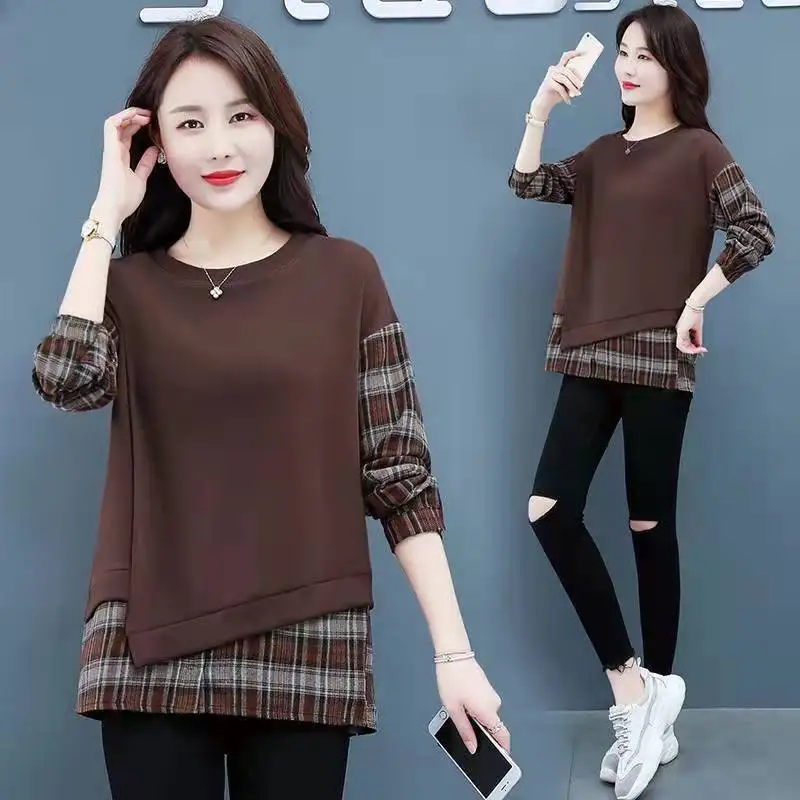 Casual Losse Dames Irt Lente Herfst Plaid Splicing Kleur Blo Basislaag T-shirt Moeder Nep Tweedelige Lange Sve