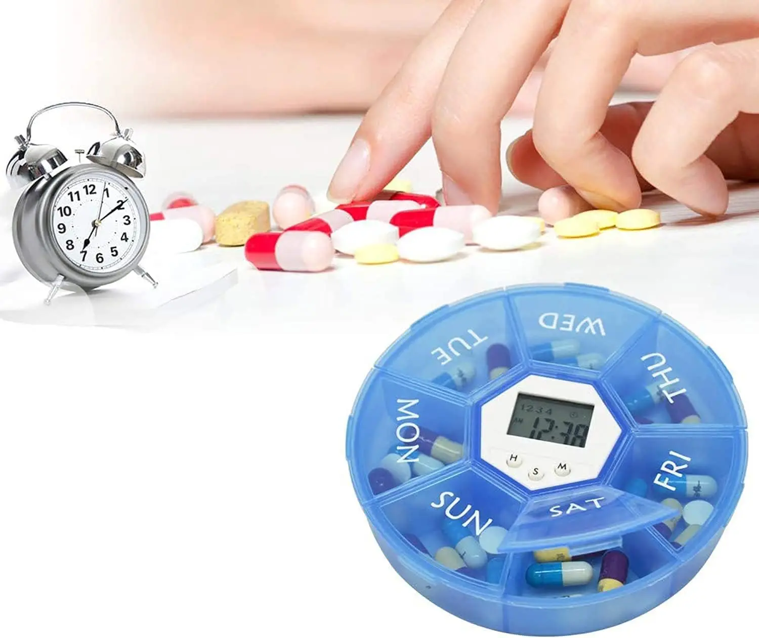 Electronic Pill Box 7 Compartments Smart Portable Time Reminder Pill Box Round Night Lighting Storage Box