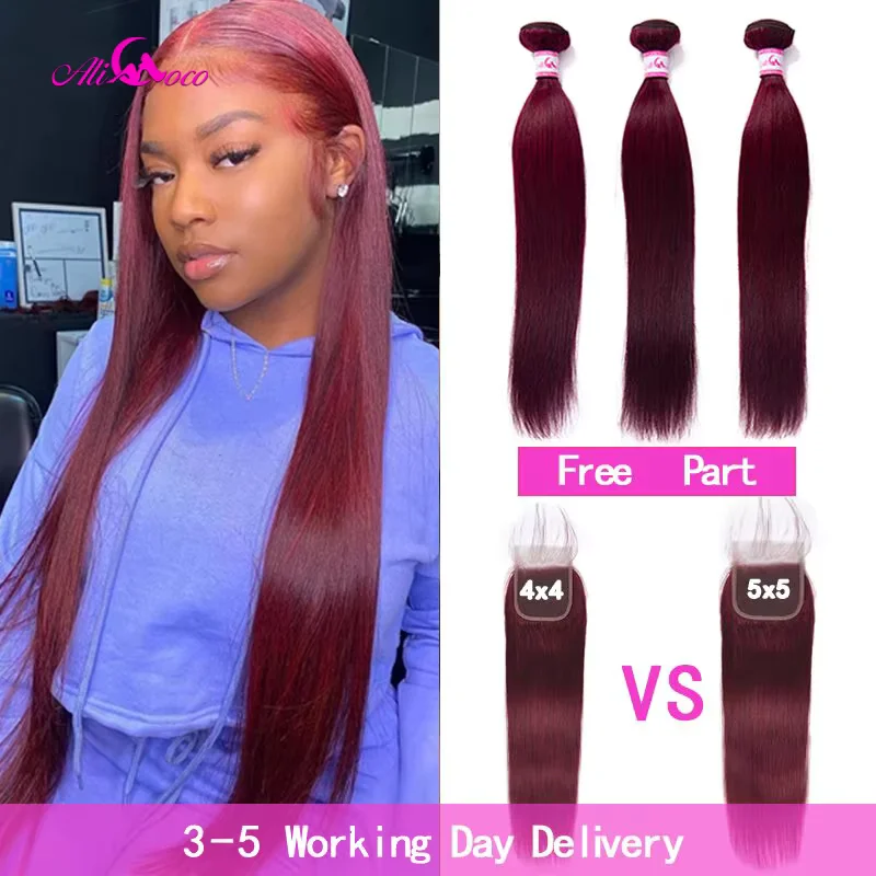 Mèches brésiliennes naturelles Remy lisses bordeaux foncé-Ali Coco, 99j, 5x5, avec closure