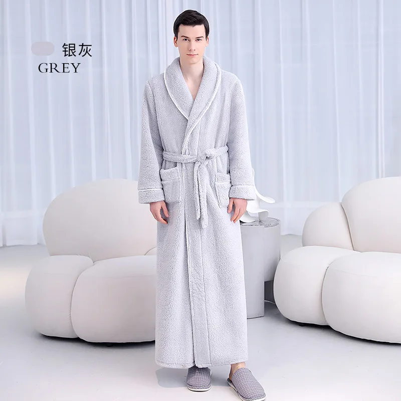 Men Winter Extra Long Flannel Warm Bathrobe Plus Size Thick Coral Fleece Bath Robe Women Lounge Spa Dressing Gown Cozy Sleepwear