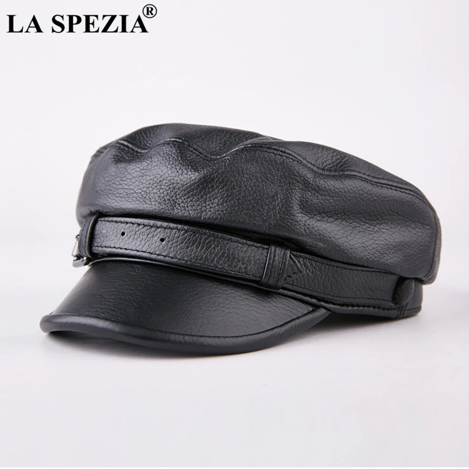 LA SPEZIA Men Army Hat Leather Military Caps Male Casual Black Captain Hats Retro Spring Adjustable Luxury Classic Flat Top Caps