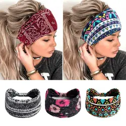 New Boho Flower Print Wide Headbands Vintage Knot Women Headwrap Cotton Stretch Headwrap Bandage Soft Hair Accessories Bandana