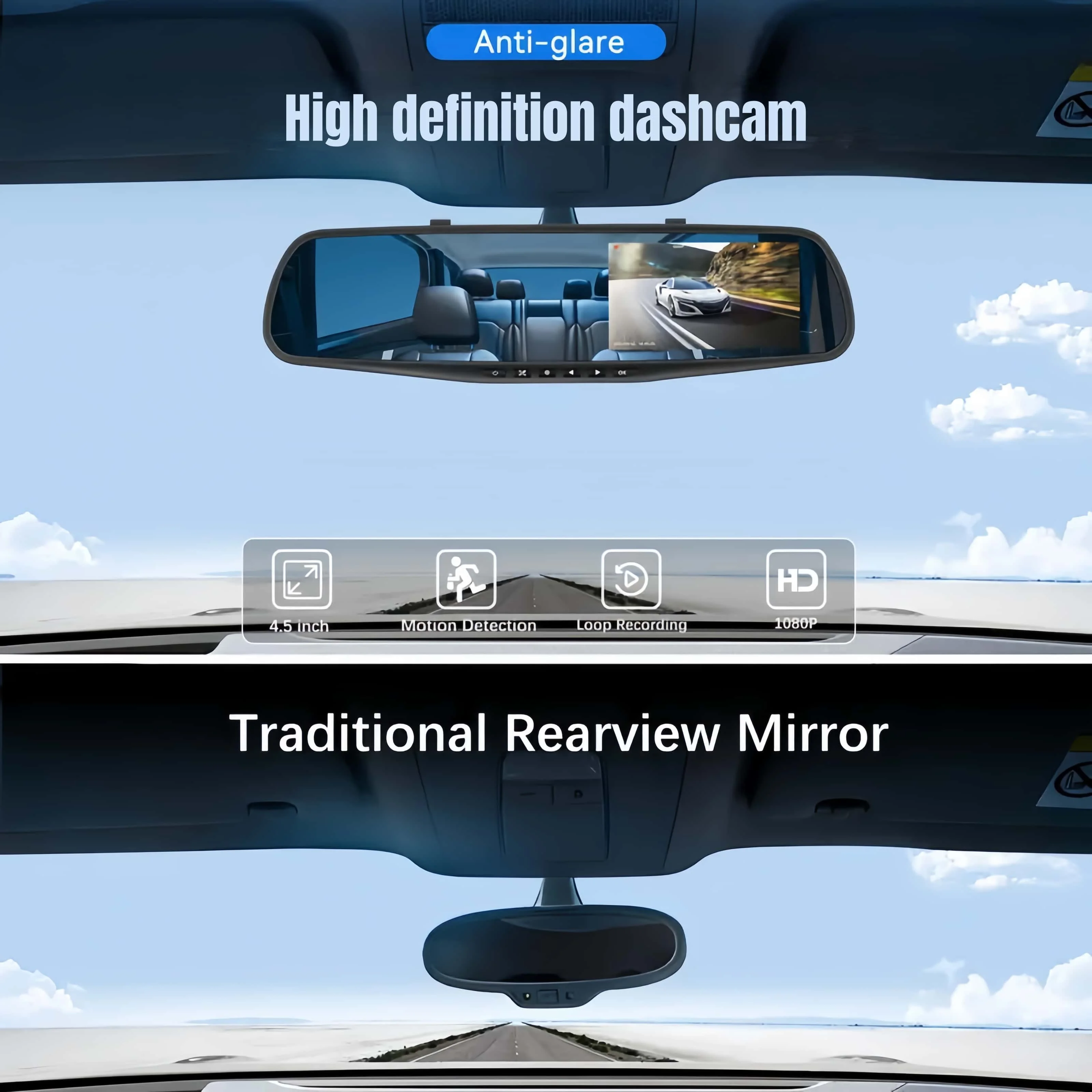 كاميرا داش مرآة ذكية مقاس 4.5 بوصة: كاميرا احتياطية لك ومسجل مزدوج. شاهد كل شيء في كريسب 1080P. تتضمن بطاقة مدى الحياة سعة 32 جيجابايت