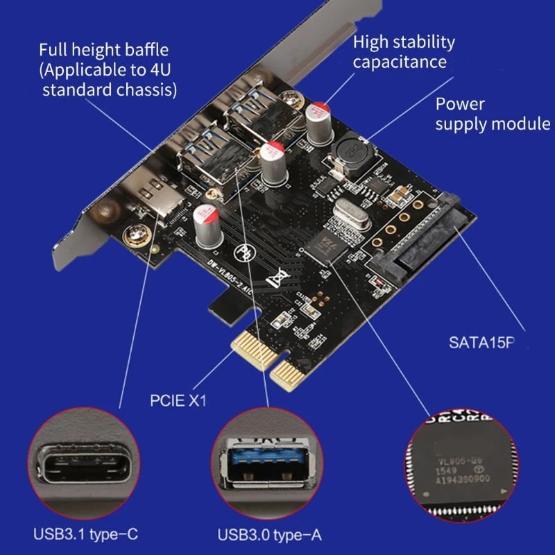 Adattatore desktop PCIE a USB 3.1 da 16FB Scheda espansione Supporto PCIE 1x/4x/8x/16x Slot