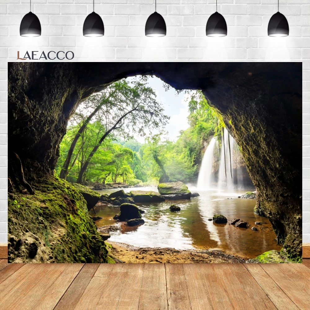 Laeacco Natural Waterfall Backdrop Green Jungle Forest Mountain Water River Stone Landscape Kids Portrait Photography Background